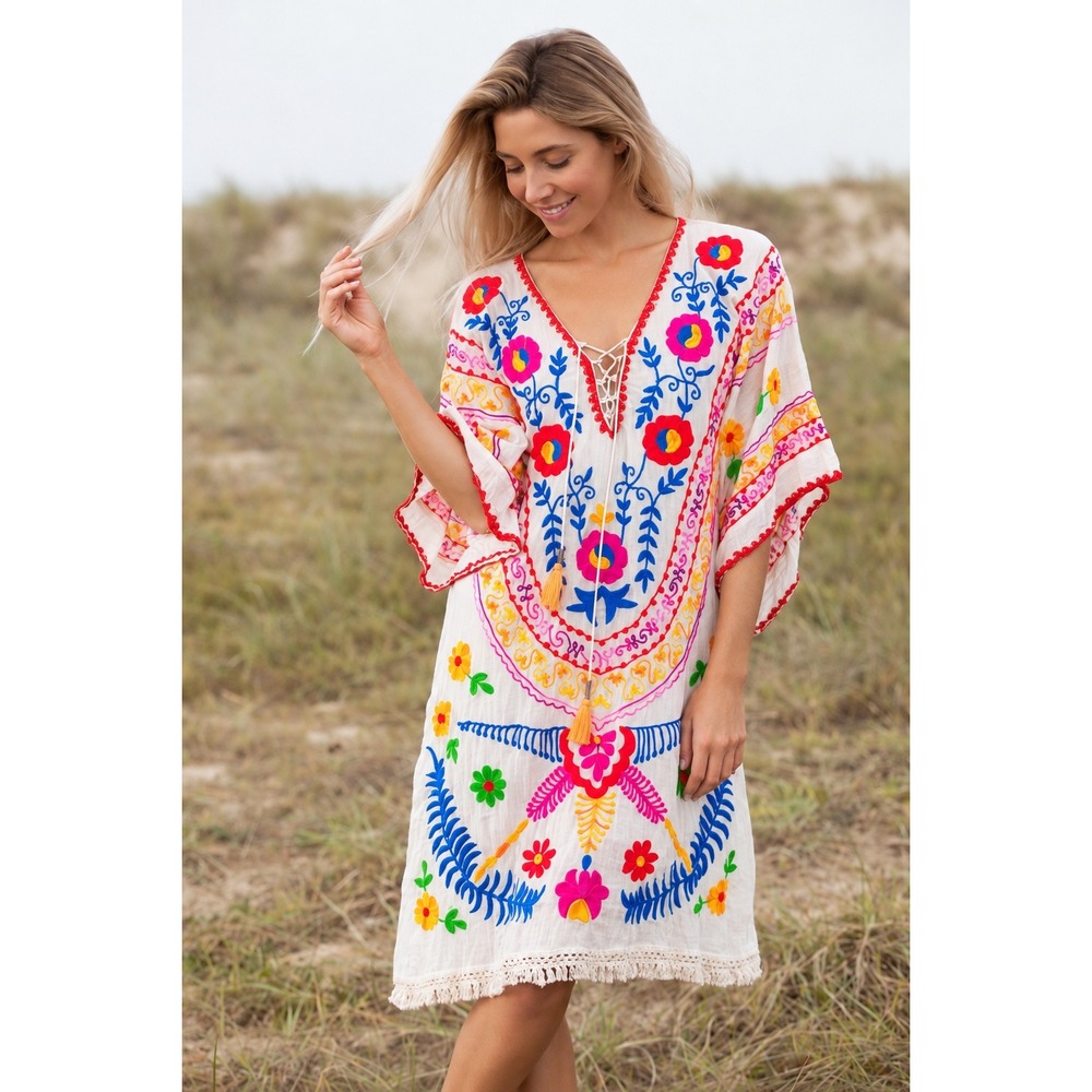 Multicolor Floral Embroidered Boho Caftan Midi Dress Lace Up Tassel Fringe White